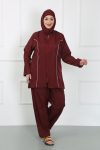 Moda Çizgi Plus Size Hijab Big Swimsuit Claret Red 44010