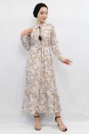 Moda Çizgi Floral Pattern Pleated Dress Beige