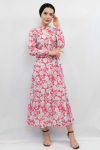 Moda Çizgi Floral Pattern Pleated Dress Fuchsia