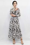Moda Çizgi Floral Pattern Pleated Dress Black