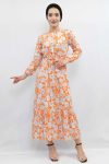Moda Çizgi Floral Pattern Pleated Dress Orange