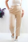 Moda Çizgi Button Accessory High Waist Trousers Beige