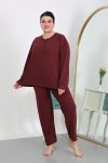 Moda Çizgi Kadın Büyük Beden Uzun Kol Penye Pijama Takımı Bordo 202501