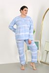 Moda Çizgi Kadın Büyük Beden Uzun Kol Penye Pijama Takımı Mavi 202502