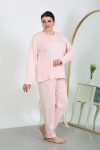 Moda Çizgi Kadın Büyük Beden Uzun Kol Penye Pijama Takımı Pembe 202501