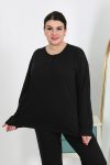 Moda Çizgi Kadın Büyük Beden Uzun Kol Penye Pijama Takımı Siyah 202501