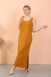 Moda Çizgi Women's Thick Strap Slit Long Mustard Nightgown 90110