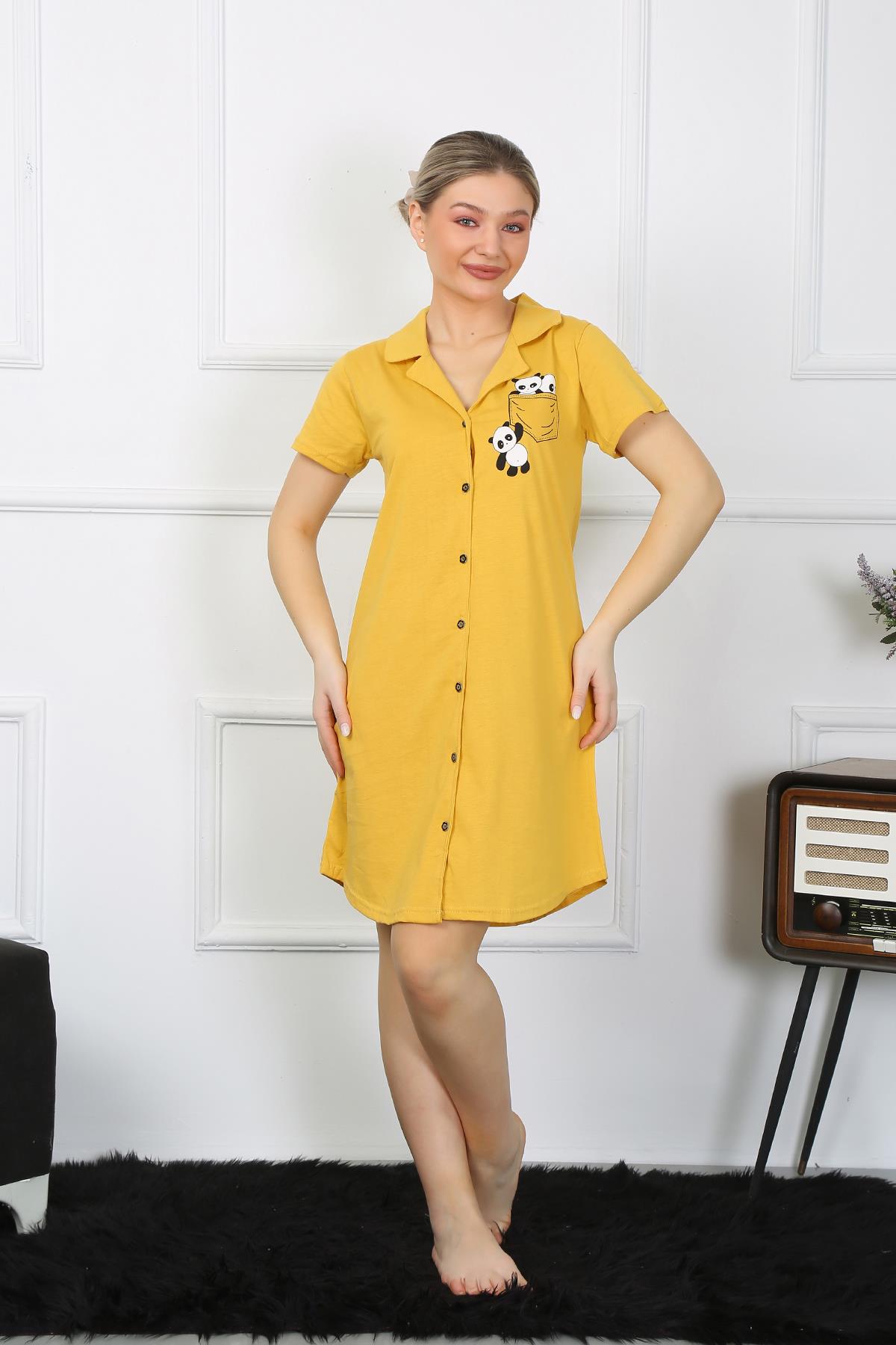 moda-cizgi-kadin-pamuk-penye-kisa-kol-dugmeli-sari-tunik-gecelik-13109-383366-77-B blank