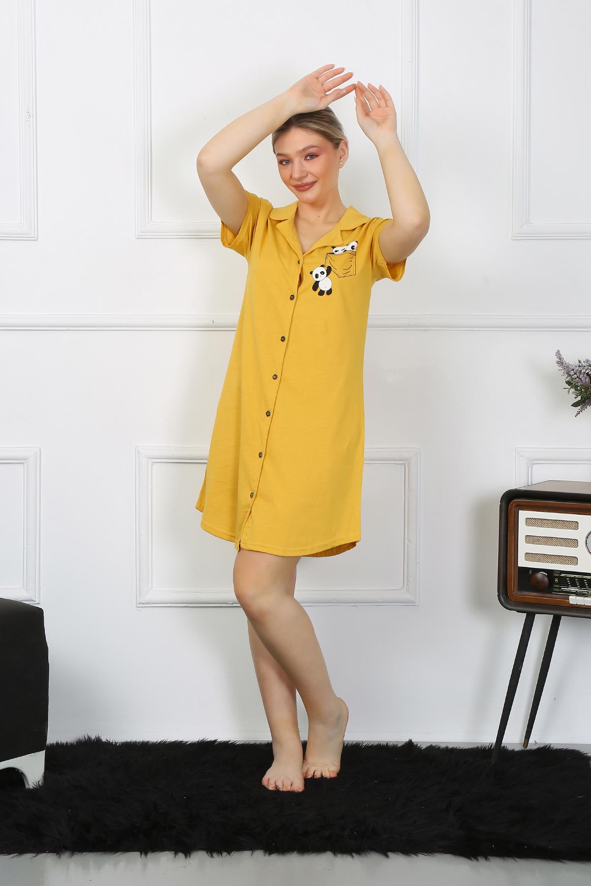 moda-cizgi-kadin-pamuk-penye-kisa-kol-dugmeli-sari-tunik-gecelik-13109-383367-77-B blank