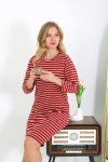 Moda Çizgi Pamuk Ev Elbisesi Tunik Gecelik Kırmızı 13132
