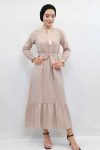 Moda Çizgi Patchwork Dress Beige