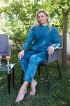 Moda Çizgi Women's Cotton Hooded 3 Thread Turquoise Tracksuit with Pocket 9037