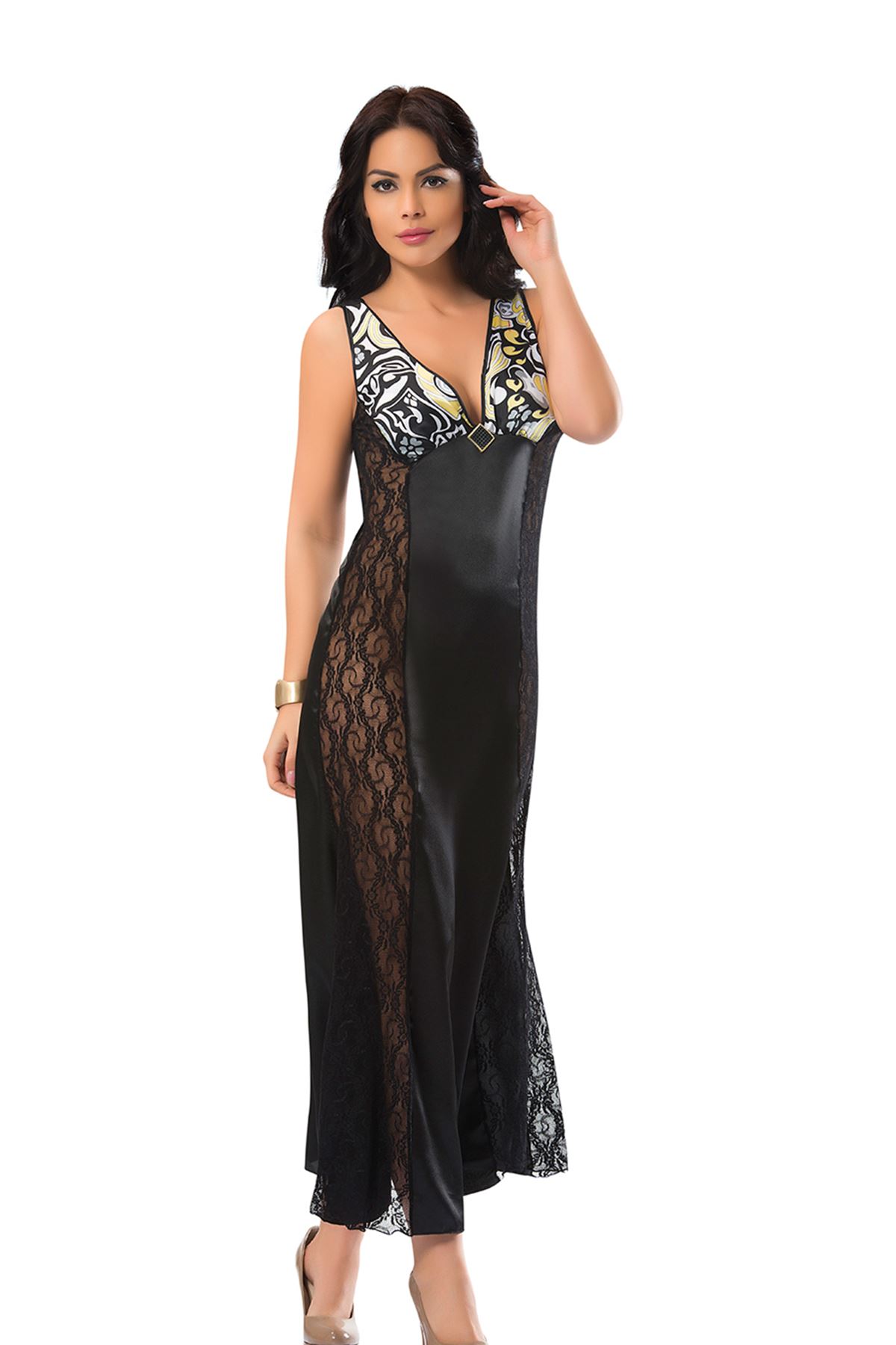 Siyah Dantelli Saten Gecelik – 085