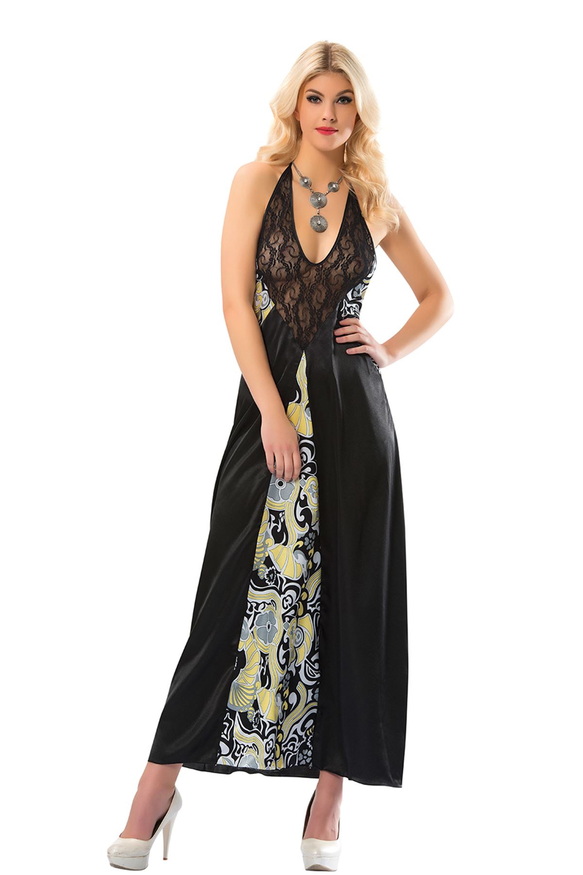 Siyah Dantelli Saten Gecelik – 086