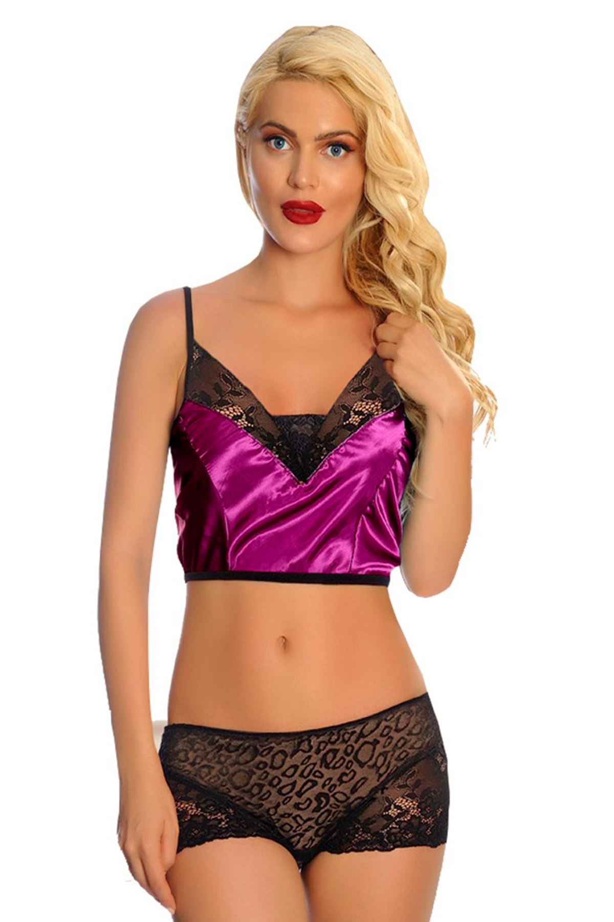 Mor Saten Dantelli Babydoll Şortlu Takım – 287