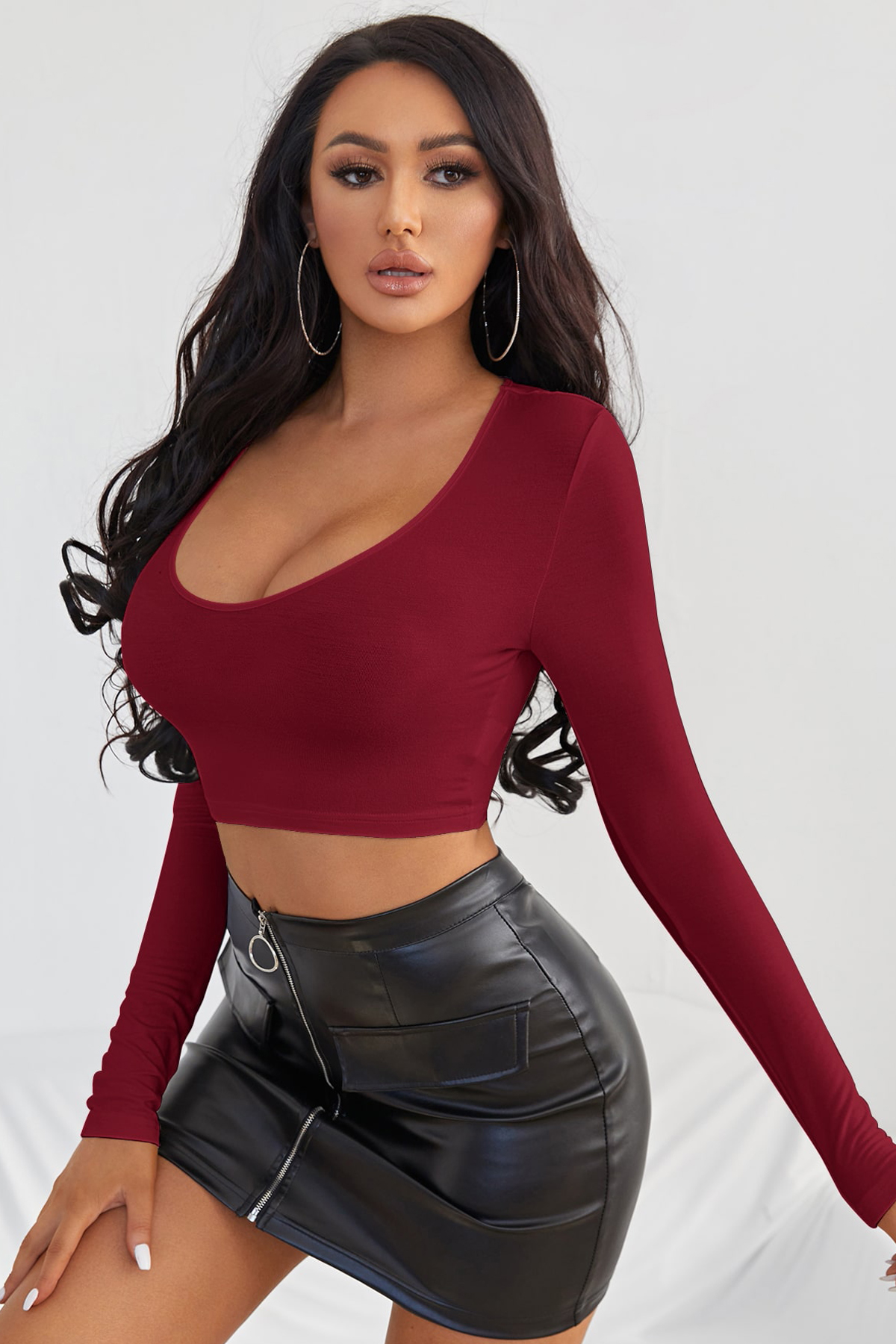 Kadın Bordo Uzun Kol Kare Yaka Crop Top Bluz - Görsel 3