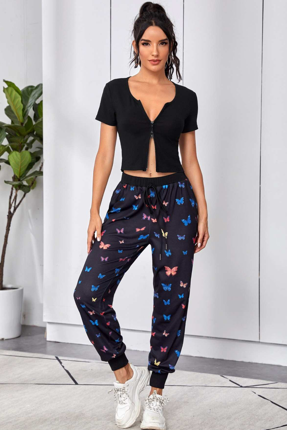 Kadın Siyah Çift Fermuarlı Yarım Kol Crop Top Bluz - Görsel 3