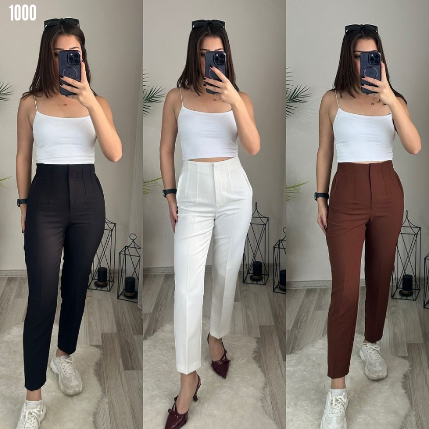 Kadın üste Oturan Paçası Bilek üzerinde Biten Krep Kumaş Kumaş Pantolon 36 (S) - 50 (5XL) - Görsel 4