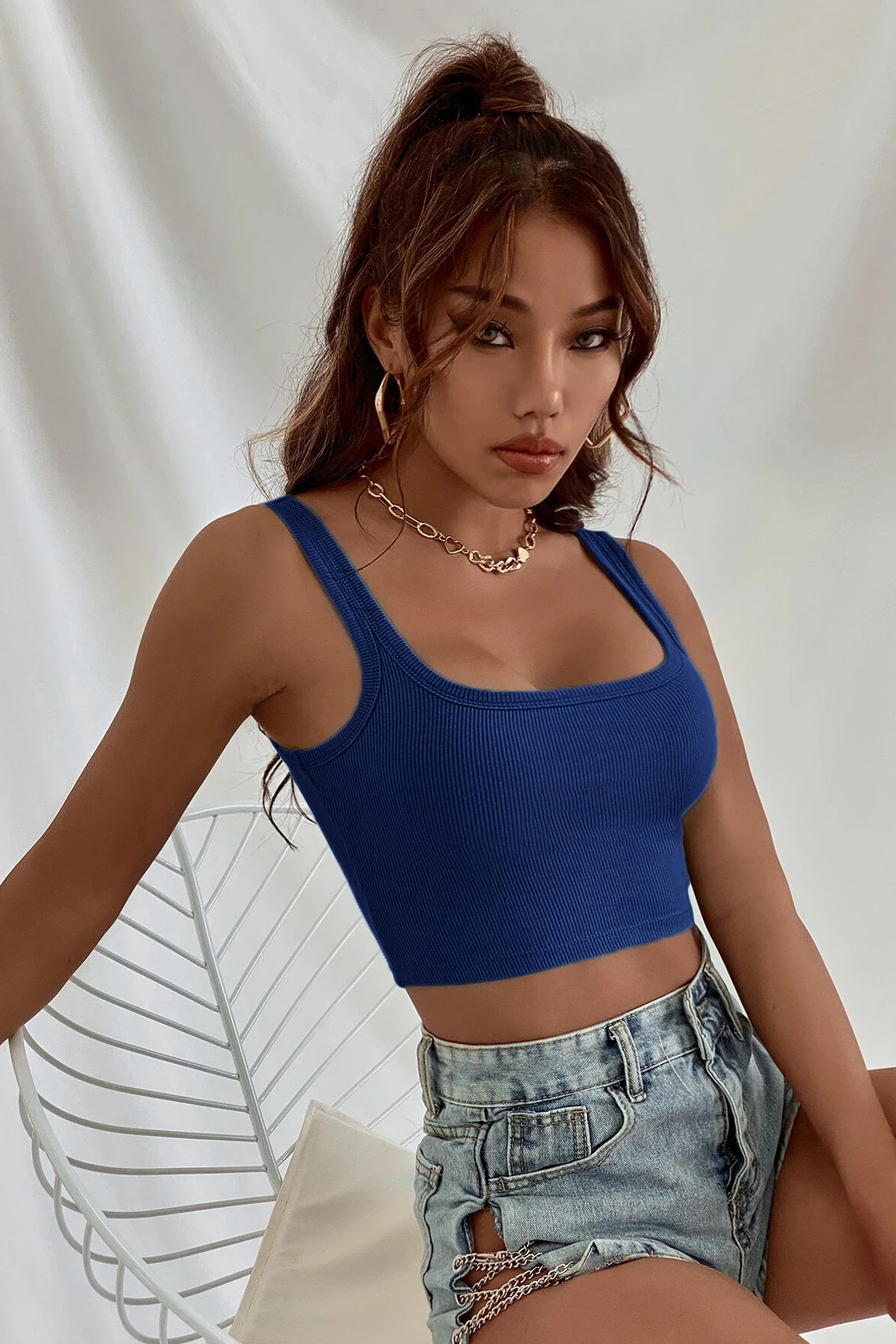 Kadın Lacivert Kalın Askılı Crop Top Büstiyer - Görsel 7