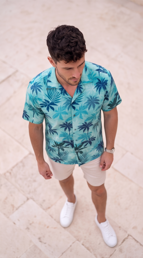 Erkek Palmiye Desenli Yarım Oversize Kısa Kollu Hawai Gömlek