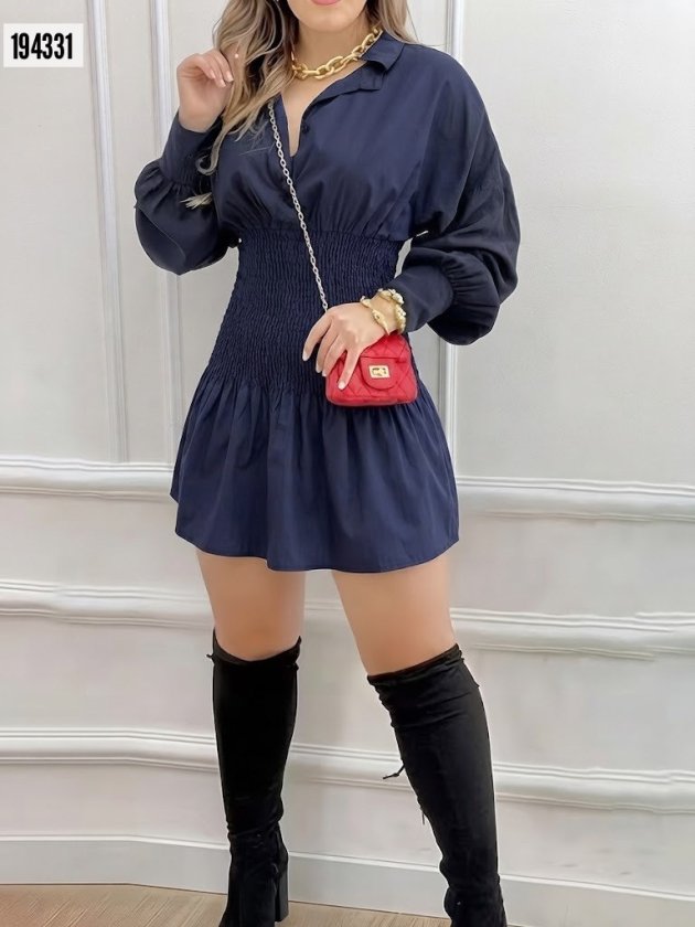 Kadın Uzun Kollu Yakalı Beli Lastikli Trikoton Bluz - Görsel 3