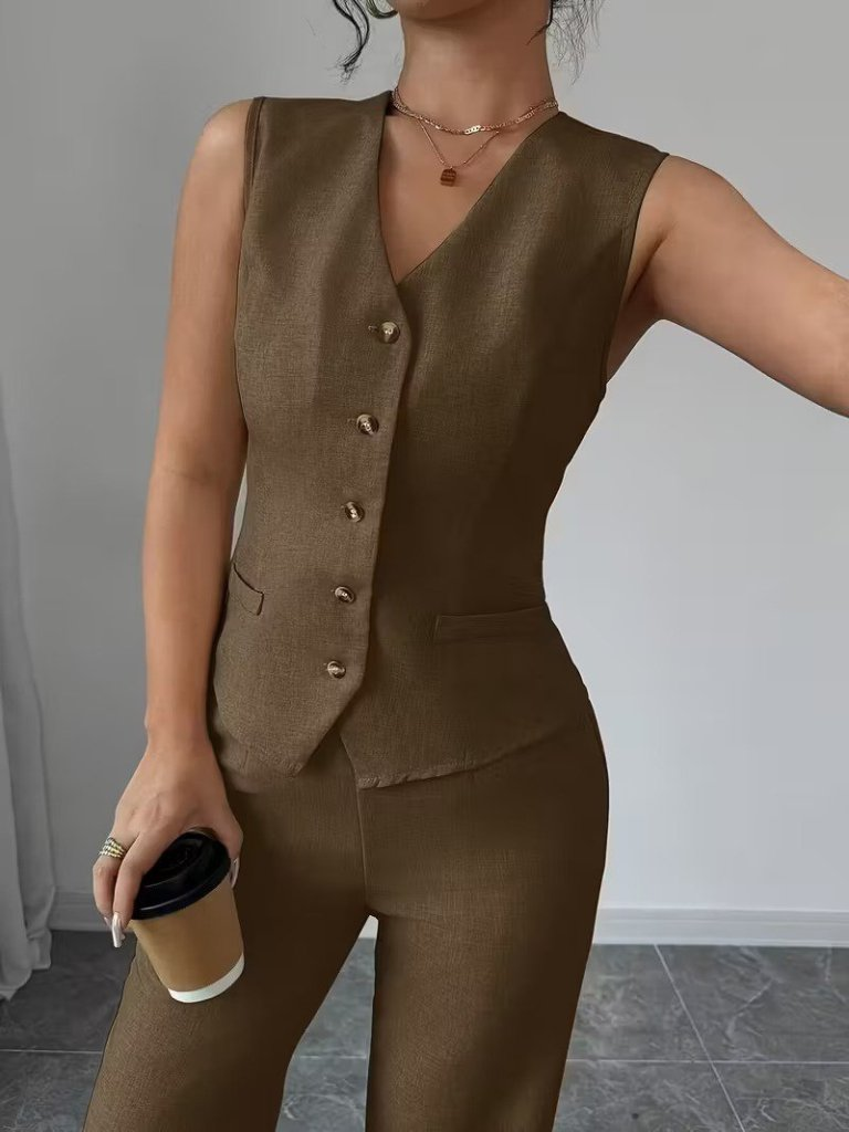 Kadın Askılı önden Düğmeli Bluz Ve Pantolon Keten Ikili Takım - Görsel 5