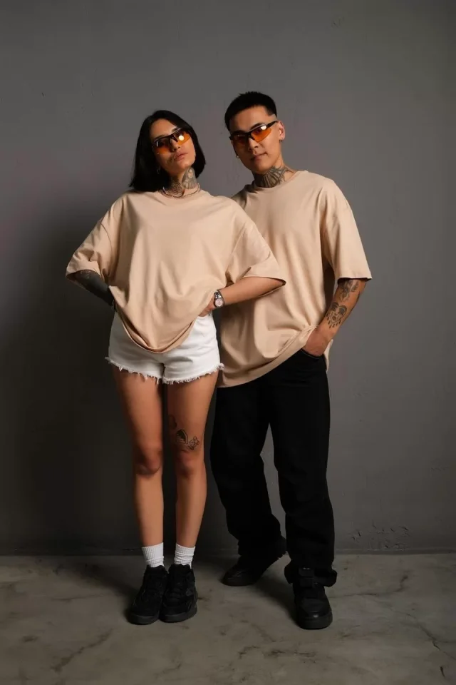 Erkek 24/1 Düz A Kalite Oversize T-shirt - Bej - Görsel 3