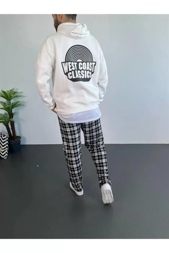 Erkek Baskılı Üç İplik Kapüşonlu Oversize Sweatshirt – Beyaz
