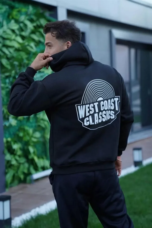 Erkek Sırt Baskılı Kapüşonlu Üç İplik Oversize Sweatshirt - Siyah - Görsel 3