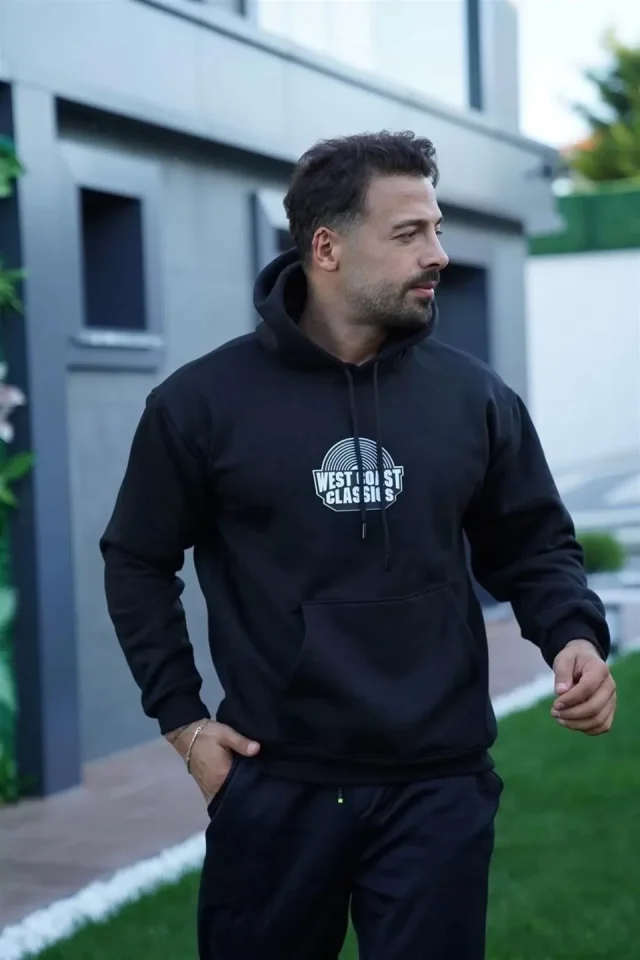 Erkek Sırt Baskılı Kapüşonlu Üç İplik Oversize Sweatshirt - Siyah - Görsel 4