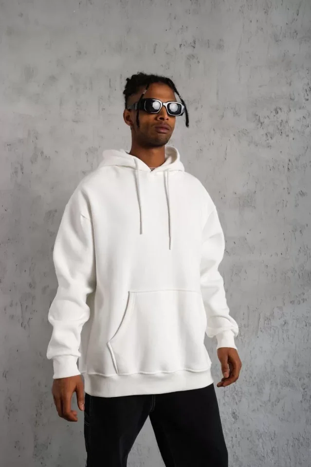 Erkek Düz Kapüşonlu Sweat - Beyaz - Görsel 3