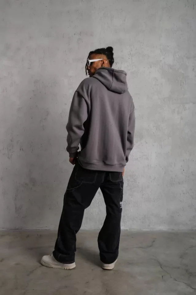 Erkek Düz Kapüşonlu Sweat - Gri