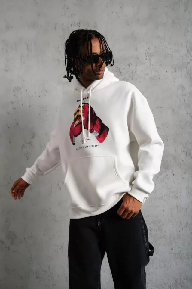 Erkek Eldiven Baskılı Kapüşonlu Sweat - Beyaz - Görsel 3