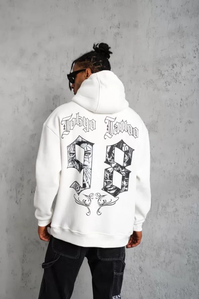 Erkek 98 Baskılı Kapşonlu Sweat – Beyaz