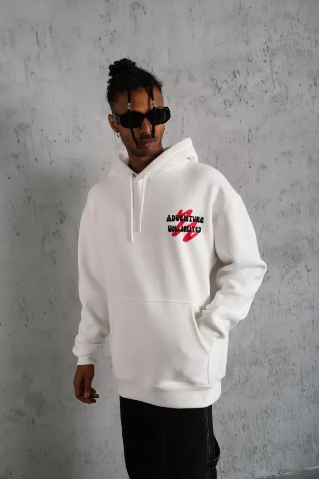 Erkek Şapkalı Güvercin Baskılı Kapşonlu Sweat – Beyaz