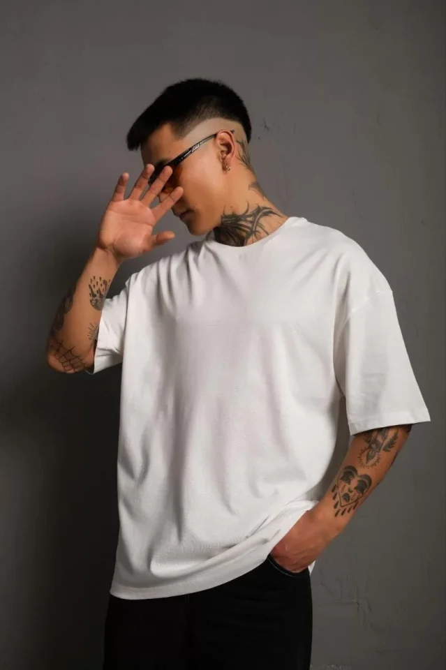 Erkek 24/1 Düz A Kalite Oversize T-shirt – Beyaz