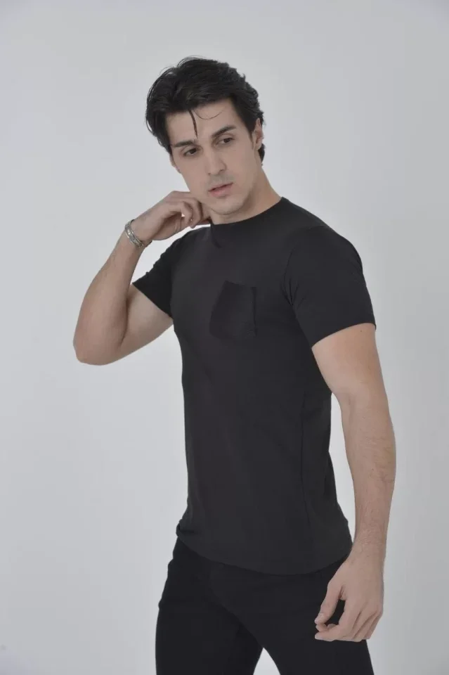 Erkek File Cepli Slim Fit T-shirt - Siyah - Görsel 3