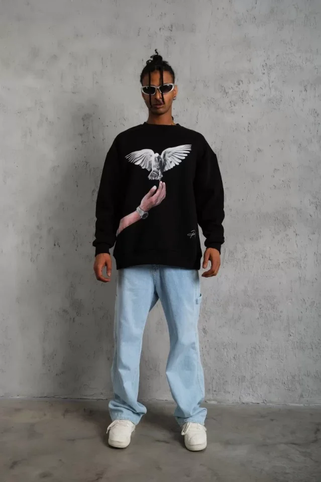 Erkek Güvercin Baskılı Sweatshirt – Siyah