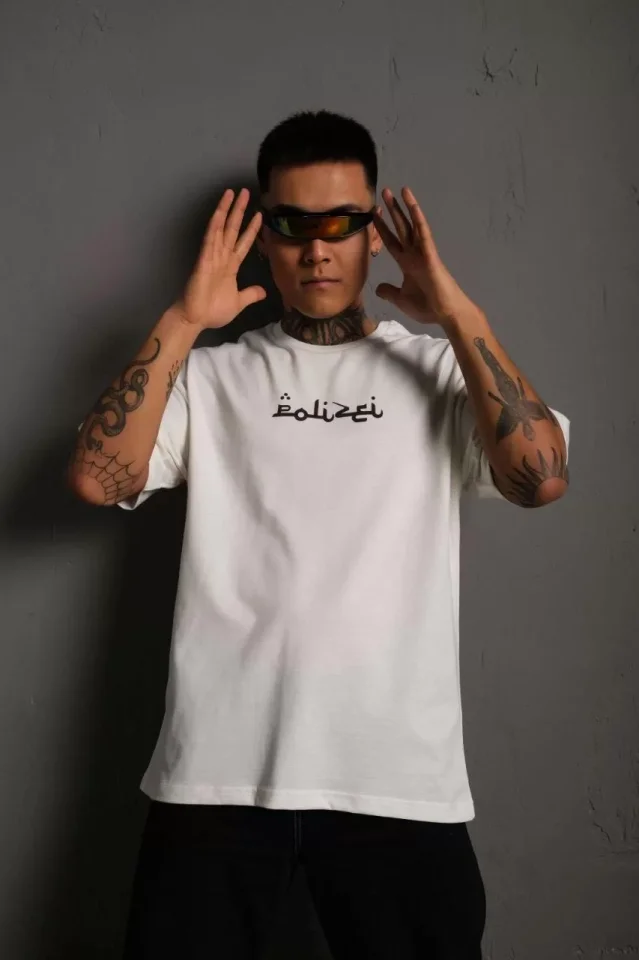 Erkek Bisiklet Yakalı Sırt Baskılı Oversize T-Shirt – Beyaz