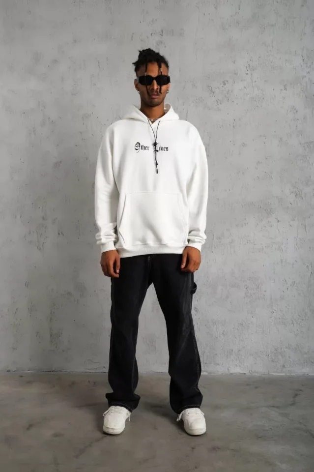 Erkek Sırt Baskılı Oversize Üç İplik Kapüşonlu Sweatshirt - Beyaz - Görsel 3