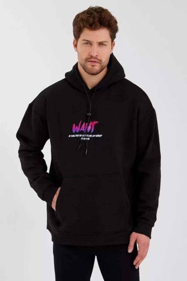 Erkek Baskılı Üç İplik Kapüşonlu Oversize Sweatshirt – Siyah