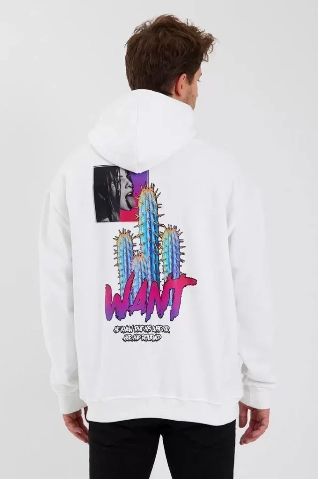 Erkek Baskılı Üç İplik Kapüşonlu Oversize Sweatshirt – Beyaz