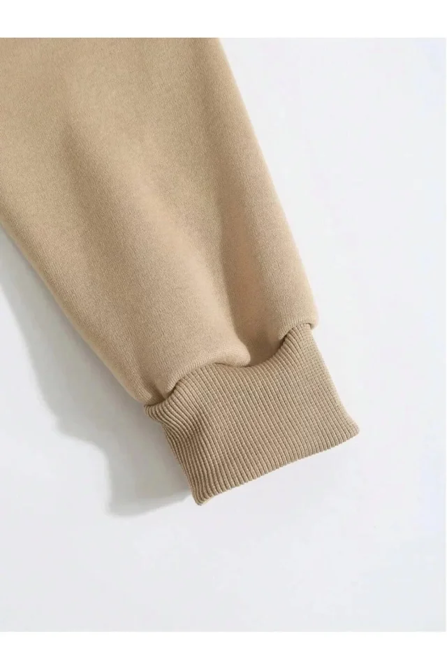 Erkek Düz Kapüşonlu Sweat - Bej - Görsel 3