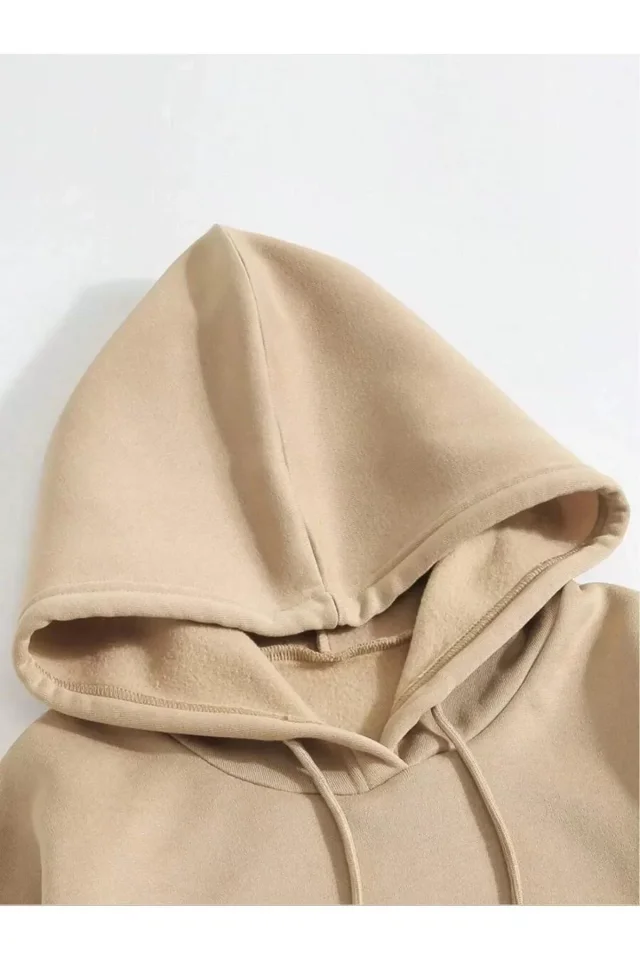 Erkek Düz Kapüşonlu Sweat - Bej - Görsel 4