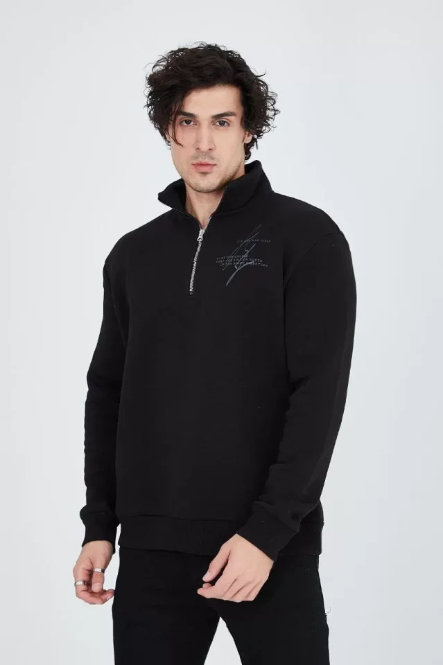 Erkek Yarım Fermuarlı Baskılı Sweat - Siyah - Görsel 3