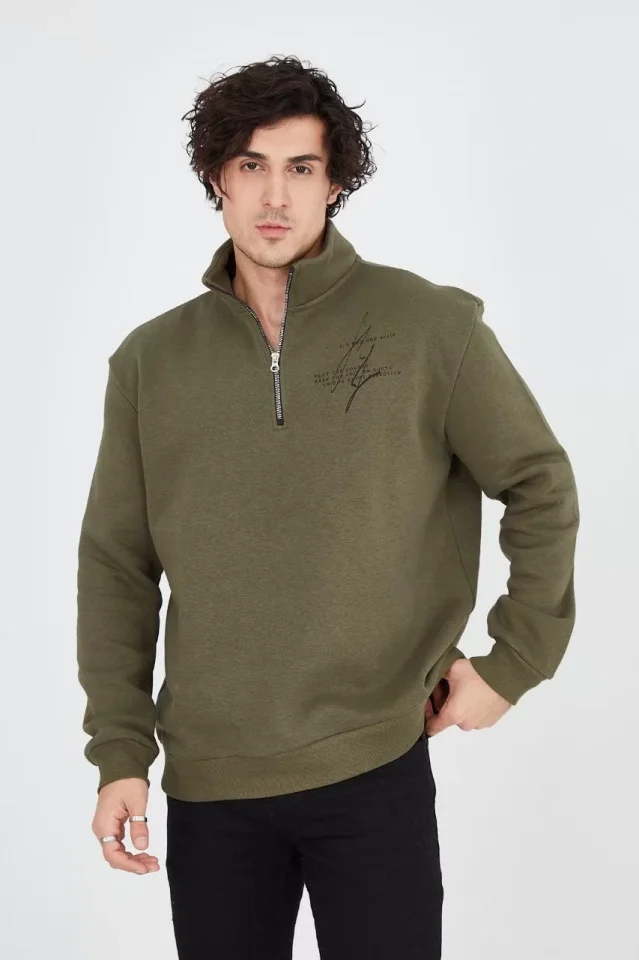 Erkek Yarım Fermuarlı Baskılı Sweat - Yeşil - Görsel 4
