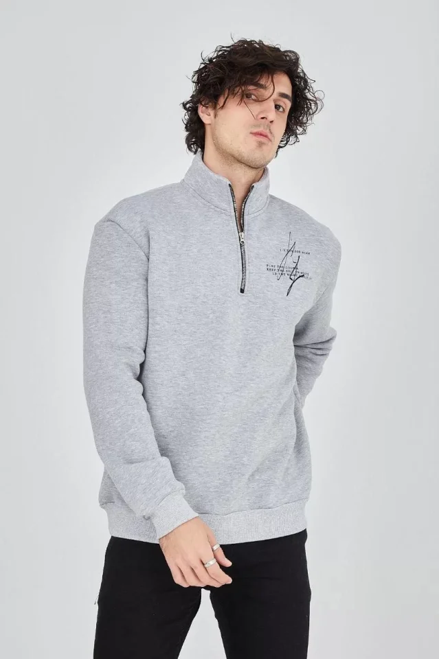 Erkek Yarım Fermuarlı Baskılı Sweat - Gri - Görsel 3