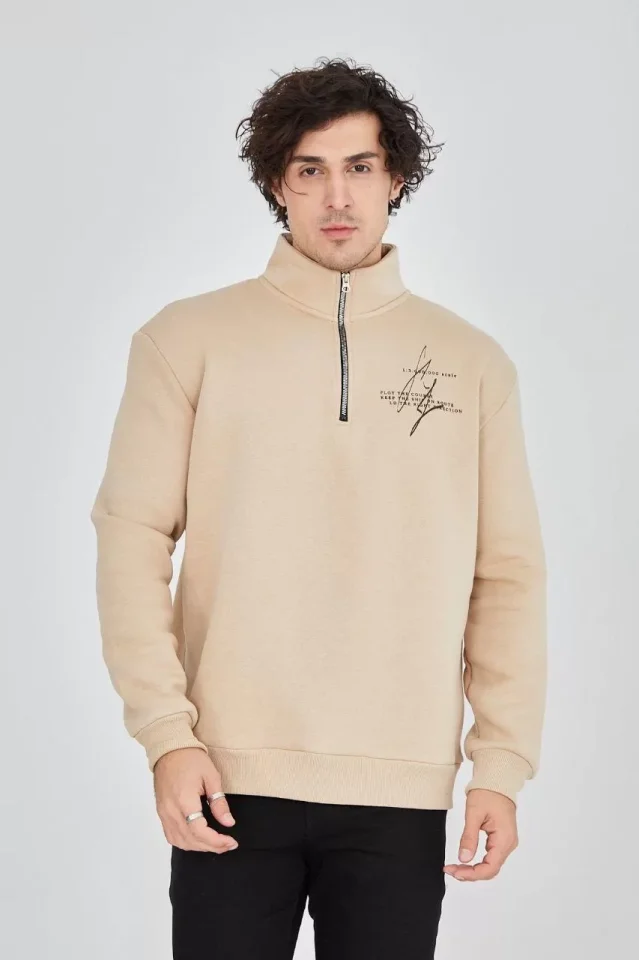 Erkek Yarım Fermuarlı Baskılı Sweat – Bej