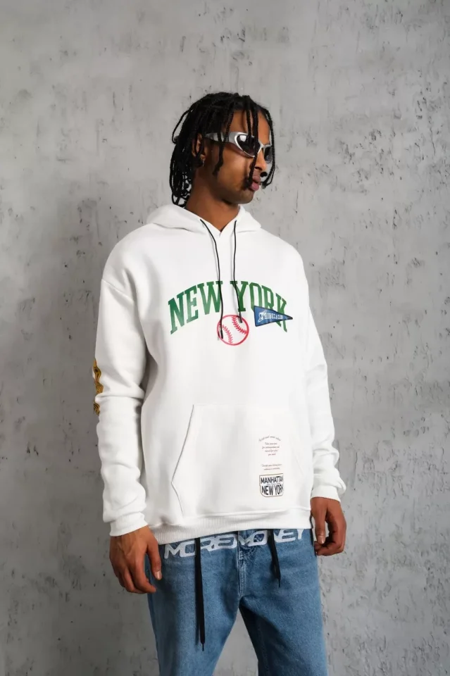 Erkek Baskılı Kapüşonlu Sweatshirt – Beyaz