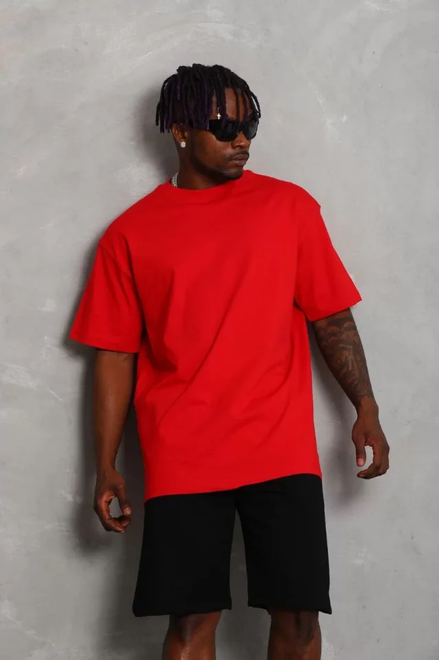 Unisex Oversize Düz Bisiklet Yaka T-Shirt - Kırmızı - Görsel 4